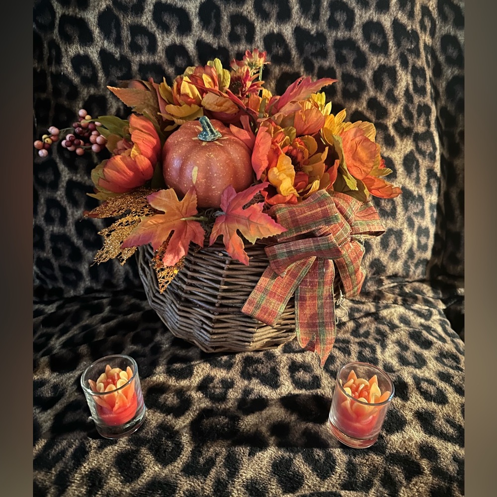 Autumn Harvest Basket with Orange Accents with 2 candles. NEW!
